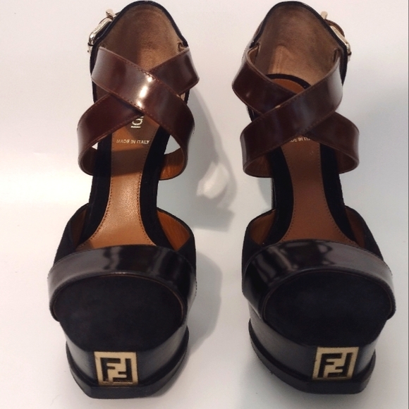 Fendi FF L ogo Black & Brown Criss Cross Platform Heels - Picture 1 of 12